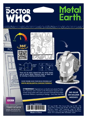 Metal Earth Fascinations Doctor Who Cyberman Head 3D Metal Model Kit Bundle with Tweezers