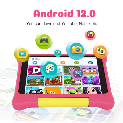 Kids Tablet 7 Inch, Android 12 Tablet for Kids Quad Core 32GB ROM Quad Core, Dual Camera,WiFi, Parental Control Tablets with Kid-Proof Case for Girls and Boys(Pink)