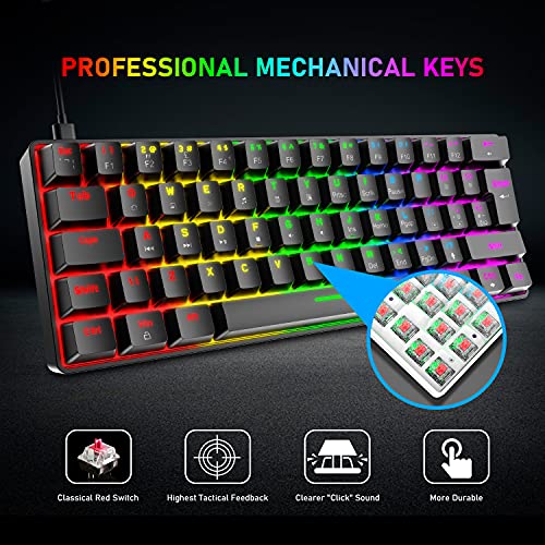 T60 UK Layout 60% Mechanical Keyboard and Mouse Set, Compact 62 Keys Mini Wired Gaming Keyboard 19 Rainbow Backlit + 6400DPI RGB Ultra-Light PC Gaming Mice + Mouse Pad For Laptop/MAC-Black/Red Switch