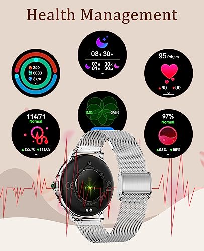 BOCLOUD Smart Watch for Women, Smartwatches for iPhone Android, with Blood Oxygen/Heart Rate/Sleep Monitor/Message Dispaly/Make Calls, IP68 Fitness Tracker with Multiple sports Modes (Silver)