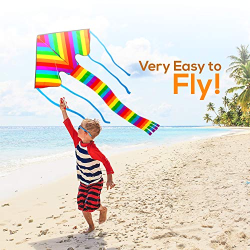 Huge Rainbow Delta Kite for Children and Adults - Great Outdoor Kids Toys for Beginners - Very Easy to Fly Kite - Even in Low Winds - Makes a Great Gift or Stocking Filler