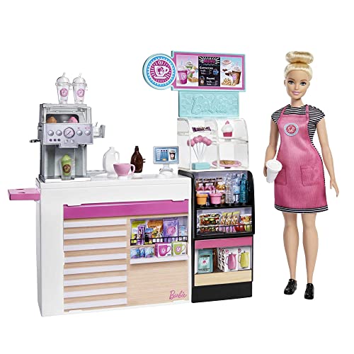 Barbie You Can Be Anything Doll, Coffee Shop Cafe Playset with Blonde Barbie Doll, 20 Doll Accessories and Toy Coffee Smoothie Maker, Toys for Ages 3 and Up, One Doll and One Coffee Shop, GMW03