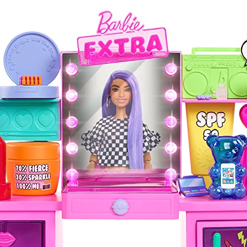 Barbie Extra Doll & Vanity Playset with Exclusive Doll, Pet Puppy, 45+ Pieces Including Clothes & Accessories, Toy Gift for Kids 3Y+, GYJ70