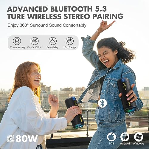 W-KING Portable Bluetooth Speaker, IP67 Waterproof Outdoor Speaker Wireless Loud, Customized EQ APP/Deep Bass, 360° Sound with Dual Voice Coil/Light/V5.3/TF/AUX, 40W Party Home Boombox Shower Speaker