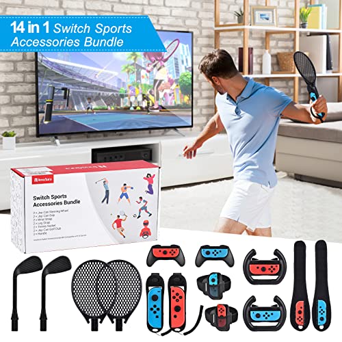 14 in 1 Switch Sports Accessories Bundle, innoAura Switch Sports Bundle with Switch Steering Wheel, Joycon Grip, Tennis Racket, Glof Club, Wrist Strap, Leg Strap Compatible with Switch/Switch OLED