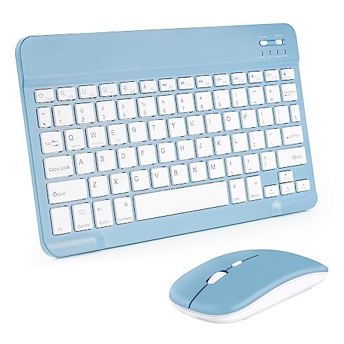 AIMMIE Portable Wireless Keyboard, Rechargeable10 Ultra Slim Universal Tablet Keyboard with Wireless Mouse, Small Wireless Keyboard for iOS/Android/Windows Tablets, Laptops, PC, Phones (Blue)