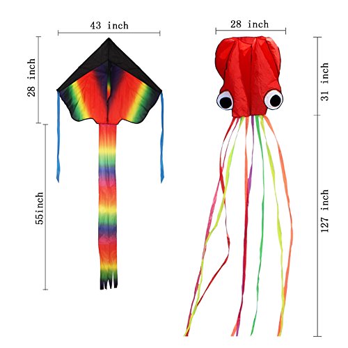 ZoomSky 2 Pack Kites - Large Rainbow Delta Kite and Red Mollusc Octopus with Long Colorful Tail for Children Outdoor Game,Activities,Beach Trip