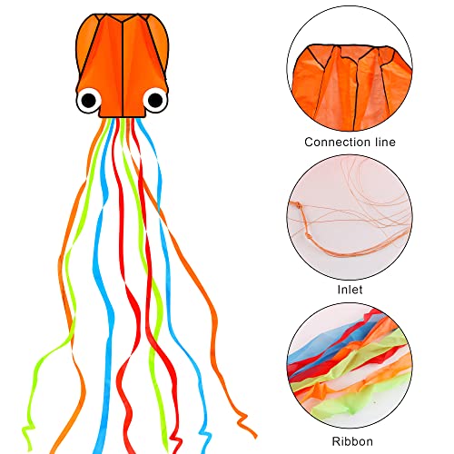 YSBER 2 Pack Large Octopus Kites 13.8ftx2.3ft - 3D Mollusc Octopus with 157 Inches Long Colorful Tail Easy to Fly Come with Handle & 328ft String for Kids Adults Outdoor Activities Beach Park Trip