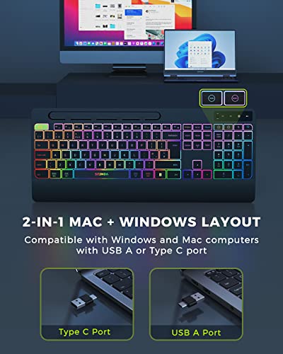 seenda 2.4G Wireless Keyboard and Mouse Combo with Rainbow Backlit, Rechargeable Keyboard and Mice Set UK Layout Full Size with 2 in 1 USB C & USB A Dongle and Wirst Rest, Black