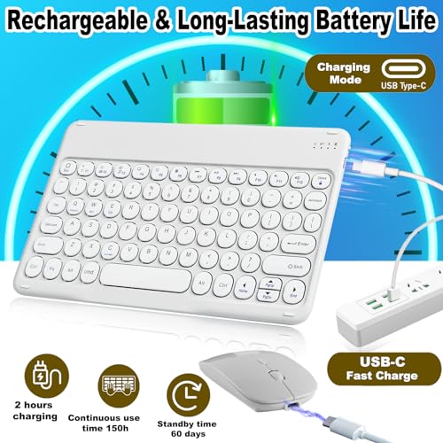 Bluetooth Keyboard, Wireless Keyboard and Mouse 2.4 USB Rechargeable Lightweight 10IN Universal Quiet Portable Mini Keyboard and Mouse Set for iPad,iOS,Mac,Windows,Android Tablet Laptop Upgrade-White