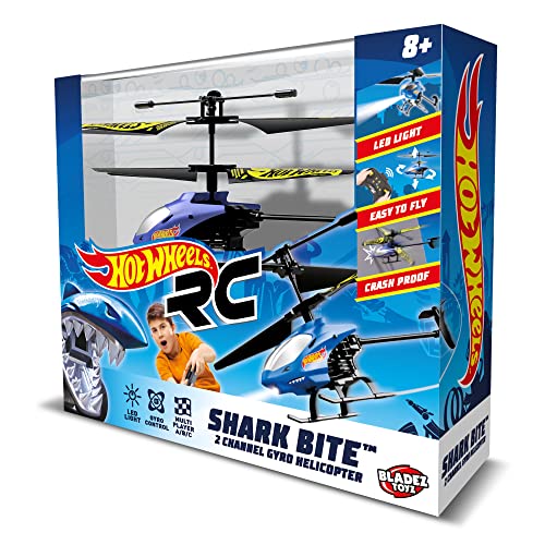 Hot Wheels Helicopter, Remote Control Shark Bite, RC 2 Channel with Gyro Control, Easy to Fly with lights, Crash Proof, Licensed Toy for kids by Bladez Toyz