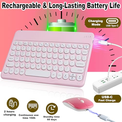 Bluetooth Keyboard, Wireless Keyboard and Mouse 2.4 USB Rechargeable Lightweight 10IN Universal Quiet Portable Mini Keyboard and Mouse Set for iPad,iOS,Mac,Windows,Android Tablet Laptop Upgrade- Pink