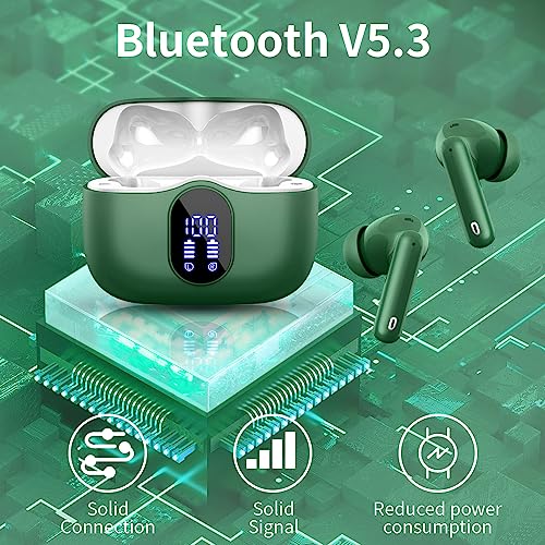 Wireless Earbuds, Bluetooth 5.3 Headphones In Ear with 4 ENC Noise Cancelling Mic, 2023 Bluetooth Earphones Mini HI-FI Stereo Sound, LED Display Wireless Headphones 36H Playtime IP7 Waterproof, Green