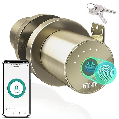 FITNATE Smart Lock Fingerprint Door Knob, Biometric Door Lock Fingerprint Key with App Control, Bluetooth Smart Deadbolt, Touch to Digital Door Lock for Bedroom,Home,Hotel,Office, Bronze Golden