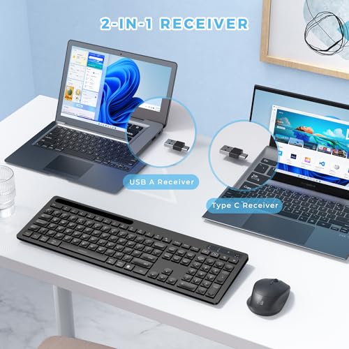 Wireless Keyboard and Mouse Set, USB A and USB C Keyboard Mouse, Full Size UK Keyboard with Phone Holder Compatible with Apple Mac OS, Windows PC/Desktop/Computer/Laptop, Black