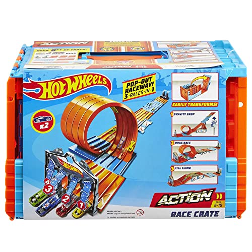 Hot Wheels Race Crate with 3 Stunts in 1 Set Portable Storage Ages 6 to 10, GKT87 , 40.01 x 24.99 x 24.99 cm