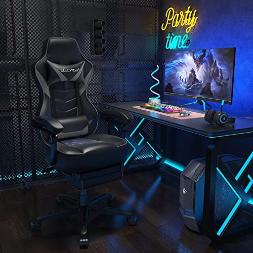 YOURLITEAMZ Racing Gaming Chair with Massage, Office Ergonomic Computer Desk Chair with Padded Footrest Support, Swivel High Back Recliner, High-Adjustable Cushion, PU Leather for Home Office（Grey）