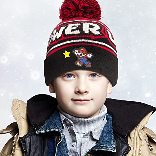 Nintendo Boys' Winter Hat and Kids Gloves Set, Super Mario Beanie for Ages 4-7, Red/Black, Age