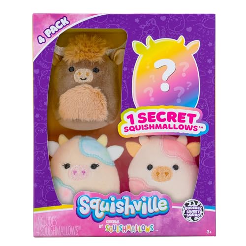 Squishville by Original Squishmallows Cow Squad Plush - Four 2-Inch Squishmallows Plush Including Reshma, Candess, Calton, and 1 Surprise - Toys for Kids