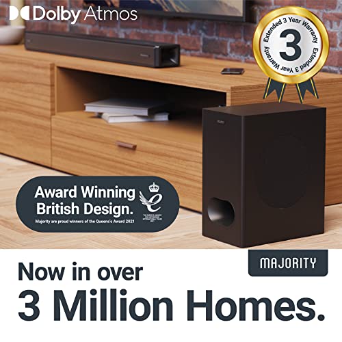 MAJORITY Sierra Plus | Dolby Atmos 2.1.2 Bluetooth Soundbar with Wireless Subwoofer | 400W Up-Firing Surround Sound Speakers For 3D Audio Home Theatre | USB, AUX, Optical, RCA & 3x HDMI | Custom EQ