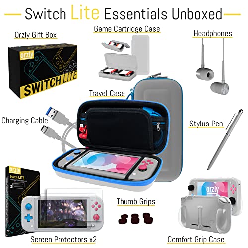Orzly Switch Lite Accessories Bundle - Case & Screen Protector for Nintendo Switch Lite Console, USB Cable, Games Holder, Comfort Grip Case, Headphones, Thumb-Grip Pack & More - Z&Z