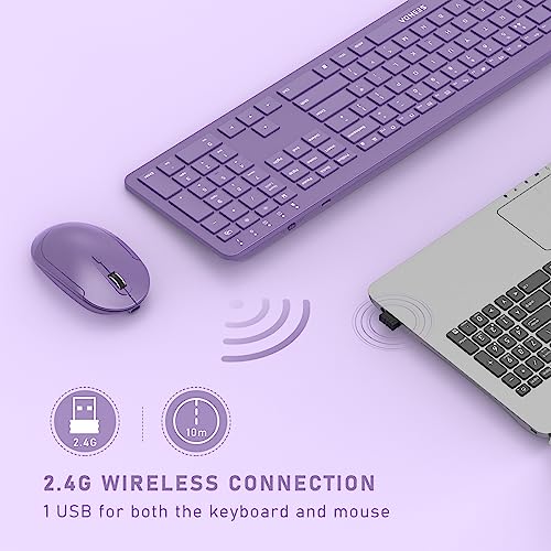Wireless Rechargeable Keyboard and Mouse Set, Seenda Full Size Thin Wireless Keyboard and Mouse with Numeric Keypad, Computer keyboard mouse combos for Laptop/PC/Windows, Purple
