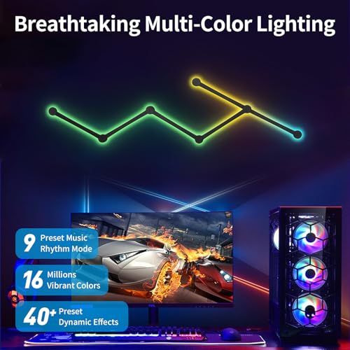 TOHETO RGB Wall Light, LED DIY Geometry Splicing Gaming Lights, Backlit Modular Wi-Fi Colour Changing Home Decor Lights Work with Alexa and Google Assistant for Game Room, Bedroom (6 Lines, Black)