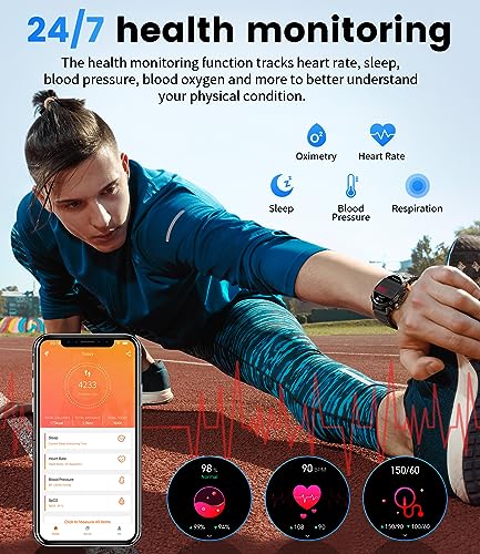 SIEMORL Smart Watch Men Bluetooth Call,1.43“ AMOLED Display Militarily Tactics Fitness Watch with Sleep Heart Rate Monitor,IP68 Waterproof Activity Tracker Step Counter Smartwatch for IOS Android