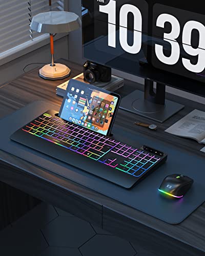 seenda 2.4G Wireless Keyboard and Mouse Combo with Rainbow Backlit, Rechargeable Keyboard and Mice Set UK Layout Full Size with 2 in 1 USB C & USB A Dongle and Wirst Rest, Black