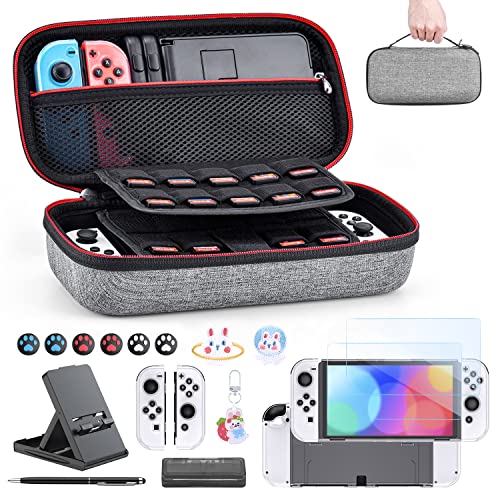 innoAura Switch OLED Accessories Bundle 18 in 1 Switch Bundle with NS Switch Case, Switch Game Case, NS Switch OLED Screen Protector, Switch Stand, Switch Thumb Grips (Gray)