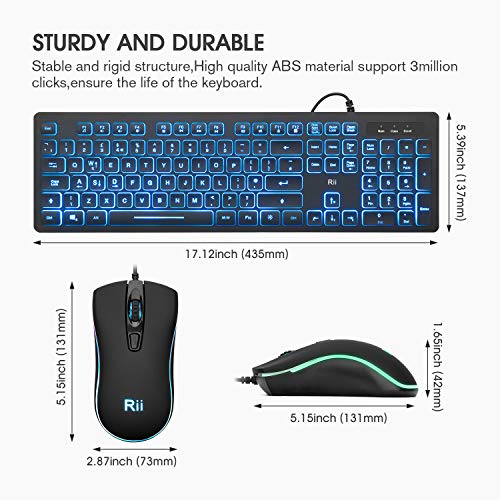 Rii Wired keyboard and mouse, RK105 USB Keyboard and Mouse with Backlit(White Green Blue) for Office Home Business-Full Size Standard UK Layout