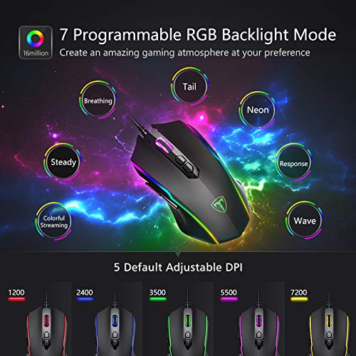 RGB Gaming Mouse Wired,Vollion PC Gaming Mice with 8 Programmable Buttons,Chroma RGB Backlit, 7200 DPI Adjustable,Comfortable Grip Ergonomic Optical Computer Gaming Mice with Shutton Button,Black