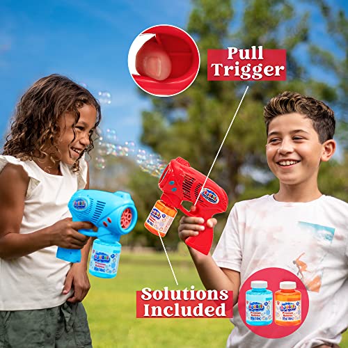 JOYIN 2 Bubble Guns with 2 Bubble Refill Solution (10 oz/294ml Total), Bubbles Maker, Blower, Machine Gun Blaster for Kids, Toddlers, Outdoors Activity, Party Favors, Birthday Gift, Easter (Blue+Red)