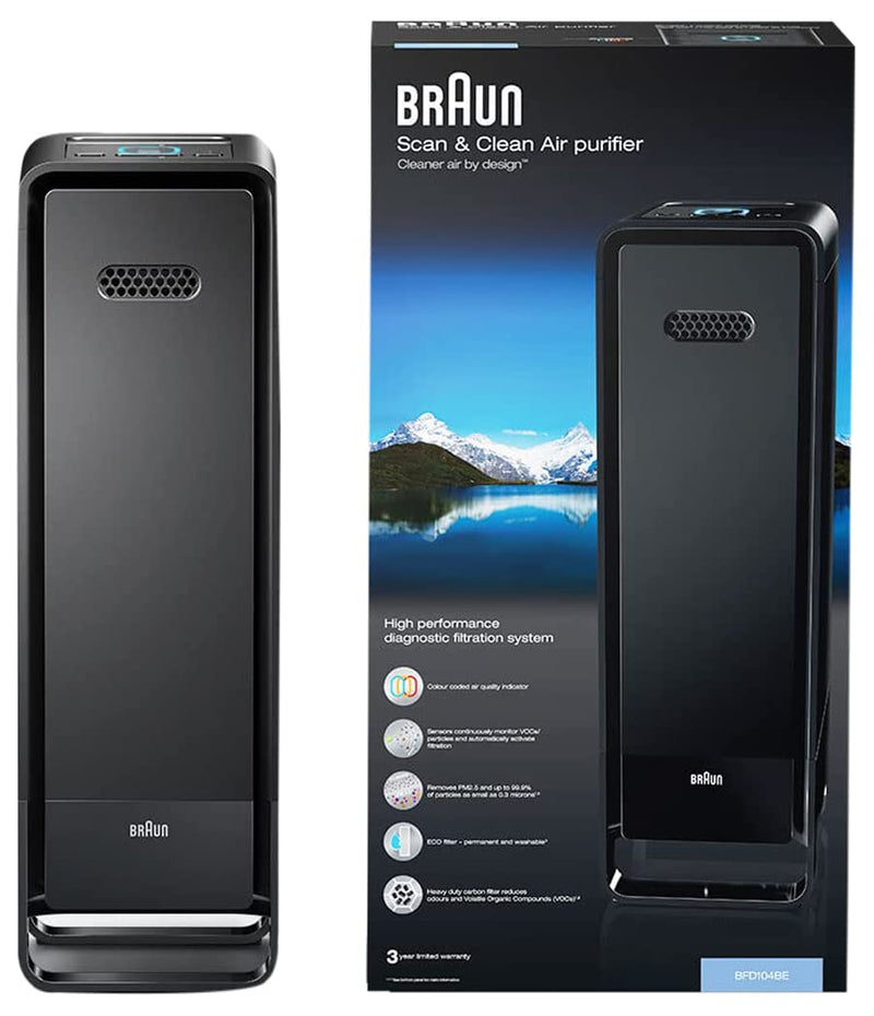 Braun Scan & Clean Air Purifier - Permanent Washable Filter - Large Rooms, Offices, Kitchens, Bedrooms, Classrooms up to 129m2 - Triple Filtration - Allergy, Pollen, Hayfever, BFD104BE