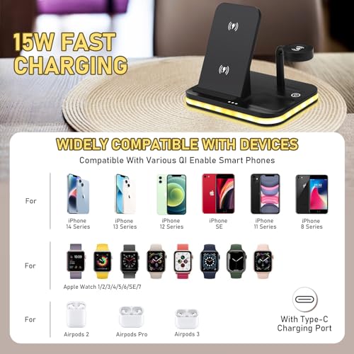 zerotop 4 in 1 Wireless Charging Station, Wireless Charging Stand Wireless Charger Station Multi Charger for Multiple Devices with Night Light Compatible with iPhone iPad iWatch Samsung Huawei