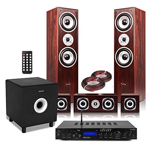 Fenton 5.1 Surround Sound Speaker System with Subwoofer and Home Cinema Theatre FM Radio Bluetooth Amplifier, Walnut Wood