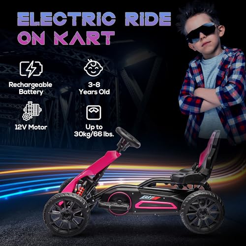 HOMCOM 12V Electric Go Kart for Kids, Ride-On Racing Go Kart with Forward Reversing, Rechargeable Battery, 2 Speeds, for Boys Girls Aged 3-8 Years Old - Pink