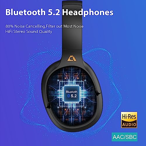 YMOO Hybrid Active Noise Cancelling Wireless Headphones With Airplane Adapter, 80H Playtime with Quick Charge, Dual Link, Built-in 4 ANC Mic & 1 Voice Mic, Bluetooth 5.2 Over Ear for PC/TV/Flight