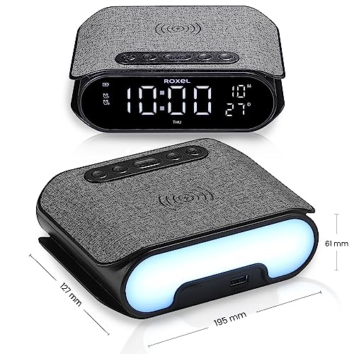 Roxel RAC-10 Bedside Alarm Clock With Super Fast Wireless Charging (5W/10W/15W), For iPhone & Samsung, USB Charger, Mood Lighting Night Lamp function Dimmable LED Display (Black)