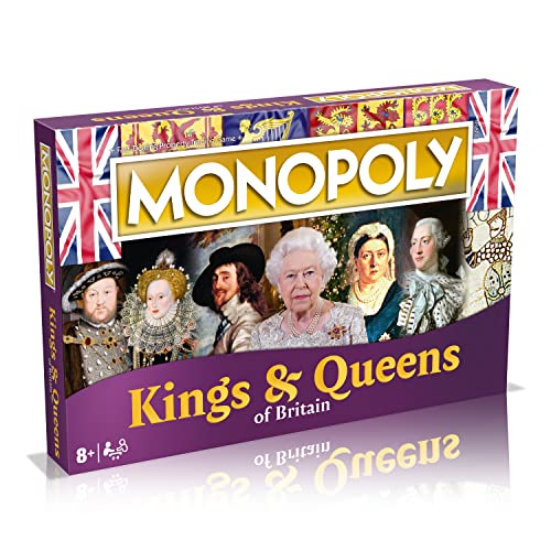 Winning Moves Kings and Queens of Britain Monopoly Board Game, Advance to Alfred the Great, Henry VIII, Victoria and Elizabeth II, expand your empire and trade your way to success, for ages 8 plus