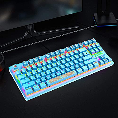 Mechanical Gaming Keyboard, RGB Backlit Keys, Spill-Resistant, Dedicated Multi-Media Keys, 87 Keys Full Anti-ghosting Essential Gaming Keyboard, QWERTY Layout, for PC PS4 PS5 Xbox one -Blue