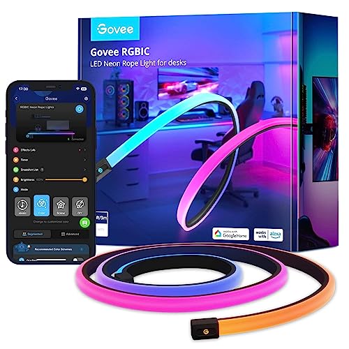 Govee RGBIC Gaming Lights, 3M Neon Rope Lights Soft Lighting for Gaming Desk, LED Strip Lights Syncing with Razer Chroma, Smart App Control, Support Cutting, Music Sync, Adapter (Only 2.4G Wi-Fi)