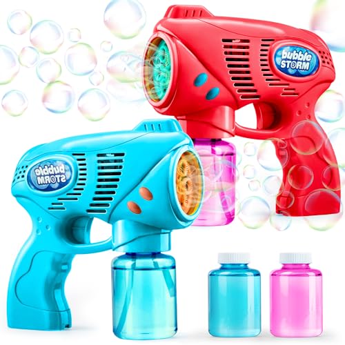 JOYIN 2 Bubble Guns with 2 Bubble Refill Solution (10 oz/294ml Total), Bubbles Maker, Blower, Machine Gun Blaster for Kids, Toddlers, Outdoors Activity, Party Favors, Birthday Gift, Easter (Blue+Red)