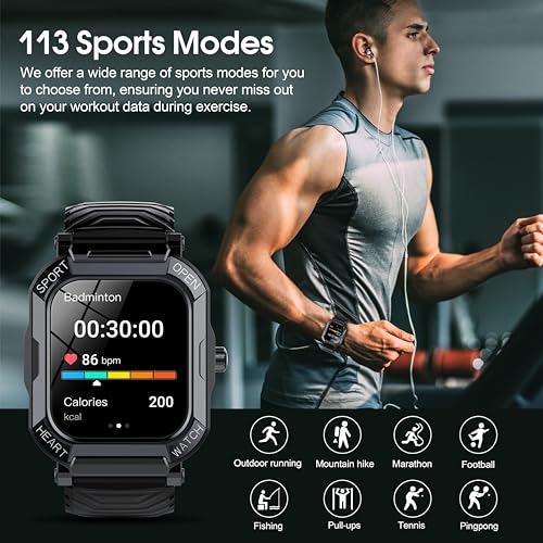 Smart Watch for Men Answer/Make Calls, 1.85" Touch Screen Fitness Watch with Heart Rate Sleep Monitor Step Counter, 113 Sports Modes Fitness Tracker, IP68 Waterproof Smartwatch for Android iOS, Black