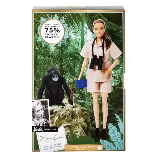 Barbie Dr. Jane Goodall Barbie Inspiring Women Doll, Made from Recycled Materials, Gift for Collectors and Kids Ages 6 Years Old & Up