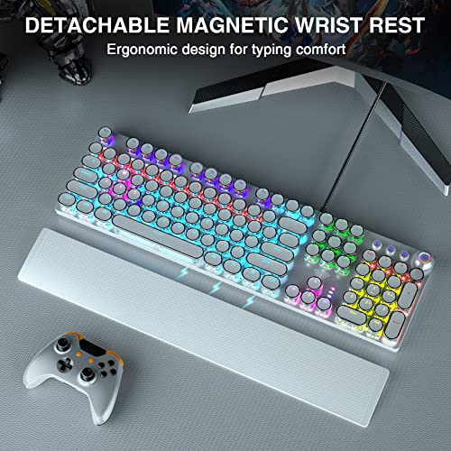 Aula F2088 Typewriter Style Mechanical Gaming Keyboard Blue Switch, with Removable Wrist Rest, Media Control Knob, Rainbow Backlit, Retro Punk Round Keycaps, 108 Keys Wired Computer Keyboard, White