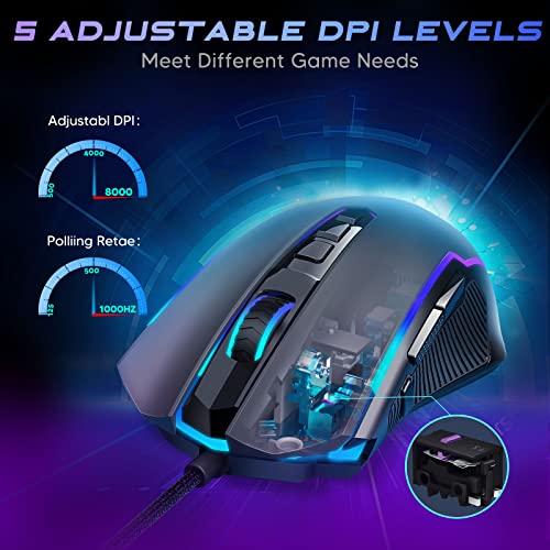 Redragon Gaming Mouse, RGB Gaming Mouse Wired with 9 Programmable Macro Buttons, Chroma RGB Backlit, 8000 DPI Adjustable, PC Gaming Mice with Fire Button for Windows/Mac, Black, M910-K