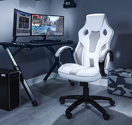 X-Rocker Maverick Gaming Racing Desk Chair, Adjustable Computer Office Chair with Mid-Back Support, PU Leather Height Adjustable Swivel Base Chair with Natural Lumbar Support Curve - White & Grey