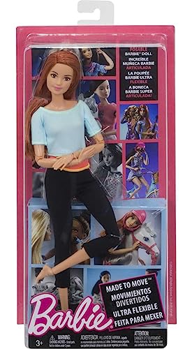 Barbie Made To Move Doll, Ultra-Posable, 22 Points To Bend, Black Leggings, Light Blue Top, DPP74