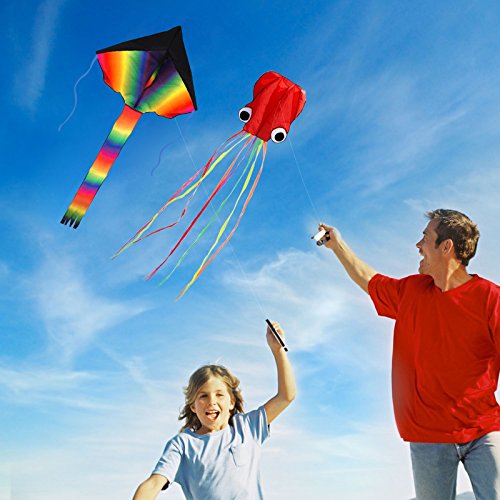 ZoomSky 2 Pack Kites - Large Rainbow Delta Kite and Red Mollusc Octopus with Long Colorful Tail for Children Outdoor Game,Activities,Beach Trip